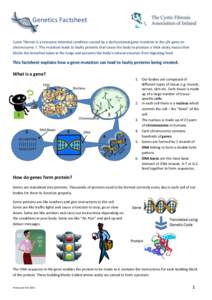 Genetics Factsheet Cystic Fibrosis is a recessive inherited condition caused by a dysfunctional gene mutation in the cftr gene on chromosome 7. This mutation leads to faulty proteins that cause the body to produce a thic