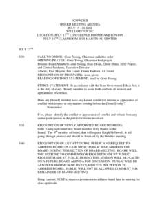 NCOWCICB BOARD MEETING AGENDA JULY 17 –[removed]WILLIAMSTON NC LOCATION: JULY 17TH CONFERENCE ROOM HAMPTON INN JULY 18TH CLASSROOM BOB MARTIN AG CENTER