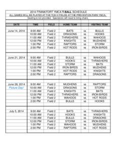 2014 FRANKFORT YMCA T-BALL SCHEDULE ALL GAMES WILL BE PLAYED AT THE TCB IV FIELDS AT THE PREVENTION PARK YMCA. Seating is not provided. Spectators will need to bring chairs. DATE  TIME