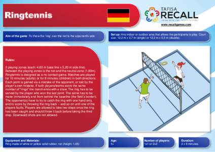 Ringtennis www.recallgames.com Aim of the game: To throw the ‘ring’ over the net to the opponent’s side  Set up: Any indoor or outdoor area that allows the participants to play. Court