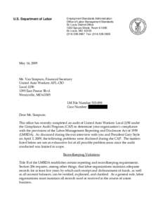 U.S. Department of Labor  Employment Standards Administration Office of Labor-Management Standards St. Louis District Office 1222 Spruce Street, Room 9.109E