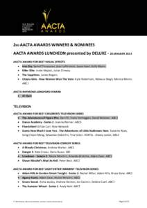 2ND AACTA AWARDS WINNERS & NOMINEES AACTA AWARDS LUNCHEON presented by DELUXE - 28 JANUARY 2013 AACTA AWARD FOR BEST VISUAL EFFECTS • Iron Sky. Samuli Torssonen, Jussi Lehtiniemi, Juuso Kaari, Kelly Myers. • Killer E