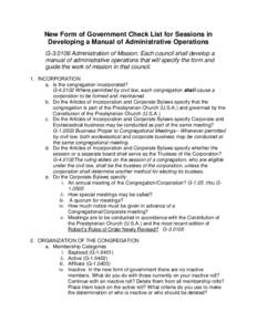 New Form of Government Check List for Sessions in Developing a Manual of Administrative Operations G[removed]Administration of Mission: Each council shall develop a manual of administrative operations that will specify th