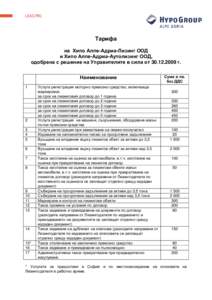 Тарифа на Хипо Алпе-Адриа-Лизинг ООД и Хипо Алпе-Адриа-Аутолизинг ООД, одобрена с решение на Управителите в сила от [removed]
