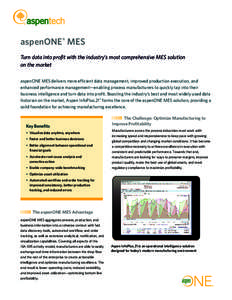 aspenONE® MES Turn data into profit with the industry’s most comprehensive MES solution on the market aspenONE MES delivers more efficient data management, improved production execution, and enhanced performance manag