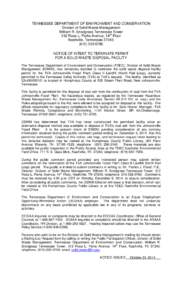 TENNESSEE DEPARTMENT OF ENVIRONMENT AND CONSERVATION Division of Solid Waste Management William R. Snodgrass Tennessee Tower 312 Rosa L. Parks Avenue, 14th Floor Nashville, Tennessee[removed]0780