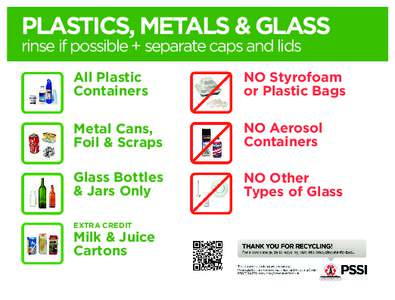 PLASTICS, METALS & GLASS rinse if possible + separate caps and lids All Plastic Containers  NO Styrofoam