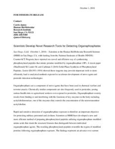 October 1, 2010 FOR IMMEDIATE RELEASE Contact: Carrie James Human BioMolecular Research Institute