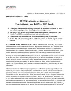 Contact: Ed Garber, Director, Investor Relations, FOR IMMEDIATE RELEASE IDEXX Laboratories Announces Fourth Quarter and Full Year 2015 Results