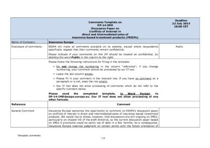 Comments Template on DP-14-IMD Discussion Paper on Conflicts of Interest in direct and intermediated sales of insurance-based investment products (PRIIPs)