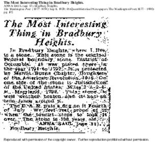 The Most Interesting Thing in Bradbury Heights. ANNA SAUL (age 13). Bradbury Heights. The Washington Post); Sep 8, 1929; ProQuest Historical Newspapers The Washington Postpg. JP2  Reproduced wit