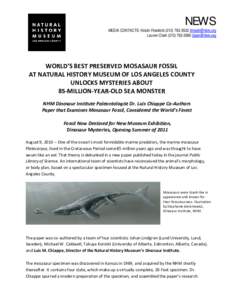 NEWS  MEDIA CONTACTS: Kristin Friedrich[removed]removed] Lauren Clark[removed]removed]  WORLD’S BEST PRESERVED MOSASAUR FOSSIL