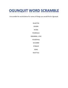 Unscramble the words below for names of things you would find in Ogunquit.  BLIASTOA DEIGRB HCEBA FEGDRAULI