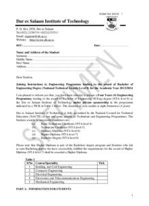 FORM NO. DIT/JI – 7  Dar es Salaam Institute of Technology P. O. Box 2958, Dar es Salaam Tel[removed][removed]Email: [removed]