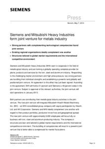 Press Release: Siemens and Mitsubishi Heavy Industries form joint venture for metals industry