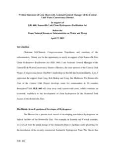 Written Statement of Gene Shawcroft, Assistant General Manager of the Central Utah Water Conservancy District In support of H.R. 460: Bonneville Unit Clean Hydropower Facilitation Act Before the House Natural Resources S