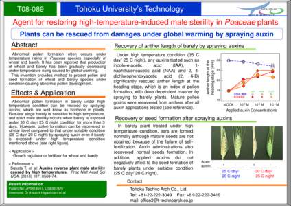 T08-089  Tohoku University’s Technology Agent for restoring high-temperature-induced male sterility in Poaceae plants Plants can be rescued from damages under global warming by spraying auxin