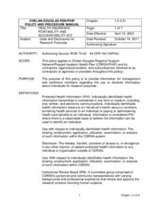 CHELAN-DOUGLAS RSN/PIHP POLICY AND PROCEDURE MANUAL Title: HEALTH INSURANCE PORTABILITY AND ACCOUNTABILITY ACT