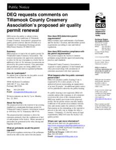 Public Notice  DEQ requests comments on Tillamook County Creamery Association’s proposed air quality permit renewal