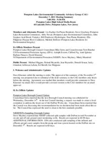 Pompton Lakes Environmental Community Advisory Group (CAG) December 7, 2011 Meeting Summary 7:00 PM – 9:30 PM Pompton Lakes High School Media Room 44 Lakeside Drive, Pompton Lakes, New Jersey