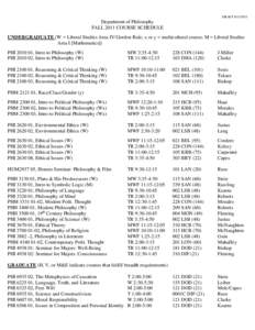 DRAFTDepartment of Philosophy FALL 2011 COURSE SCHEDULE UNDERGRADUATE (W = Liberal Studies Area IV/Gordon Rule; x or y = multicultural course; M = Liberal Studies Area I [Mathematics])