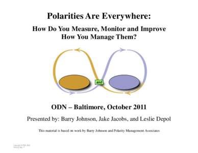 Polarities Are Everywhere: How Do You Measure, Monitor and Improve How You Manage Them? ODN – Baltimore, October 2011 Presented by: Barry Johnson, Jake Jacobs, and Leslie Depol