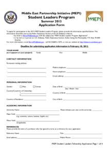 Middle East Partnership Initiative (MEPI)  Student Leaders Program Summer 2013 Application Form
