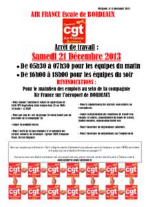 Mérignac, le 11 décembreAIR FRANCE Escale de BORDEAUX Arrêt de travail :