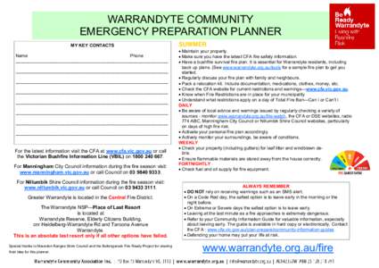 WARRANDYTE COMMUNITY EMERGENCY PREPARATION PLANNER MY KEY CONTACTS Name Phone _____________________________________________________________