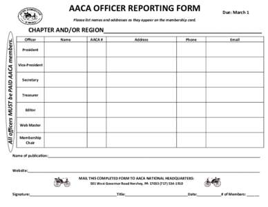 AACA OFFICER REPORTING FORM  Due: March 1 Please list names and addresses as they appear on the membership card.