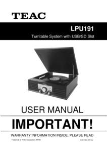 LPU191 Turntable System with USB/SD Slot USER MANUAL  IMPORTANT!