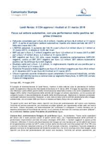 Comunicato Stampa 14 maggio 2018 Landi Renzo: il CDA approva i risultati al 31 marzo 2018 Focus sul settore automotive, con una performance molto positiva nel primo trimestre