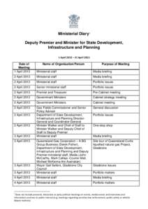 Ministerial Diary1 Deputy Premier and Minister for State Development, Infrastructure and Planning 1 April 2013 – 31 April[removed]Date of