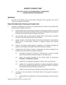 BONNETT’S ENERGY CORP. HEALTH, SAFETY & ENVIRONMENT COMMITTEE CHAIR POSITION DESCRIPTION Appointment 1.