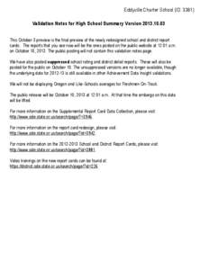 Eddyville Charter School (ID: 3361) Validation Notes for High School Summary Version[removed]This October 3 preview is the final preview of the newly redesigned school and district report cards.  