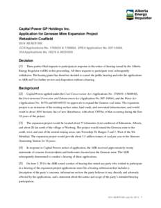 Capital Power GP Holdings Inc. Application for Genesee Mine Expansion Project Wetaskiwin Coalfield 2014 ABAER 009 CCA Applications No[removed] &[removed], EPEA Application No[removed],