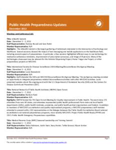 Public Health Preparedness Updates December 2012 Meetings and Conference Calls Title: mHealth Summit Date: December 3 – 5, 2012 Staff Representative: Andrew Roszak and Sara Rubin