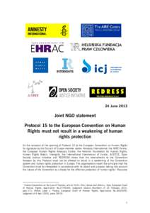 Protocol 15 to the ECHR - Joint NGO Statement - 24 June 2013