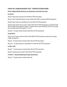 FAIRFAX HS & LANIER MS BOUNDARY STUDY – APPROVED OPTIONS/CHANGES Portion of Waples Mill ES attendance area (Penderbrook and Fairfax Farms Area) For[removed]Rising 7th grade students will attend Franklin MS with FCPS tr