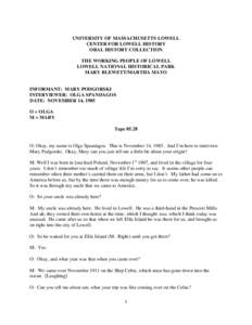 UNIVERSITY OF MASSACHUSETTS LOWELL CENTER FOR LOWELL HISTORY ORAL HISTORY COLLECTION THE WORKING PEOPLE OF LOWELL LOWELL NATIONAL HISTORICAL PARK MARY BLEWETT/MARTHA MAYO