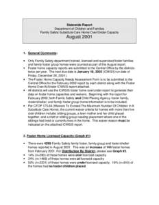 Statewide Report Department of Children and Families Family Safety Substitute Care Home Over/Under Capacity August 2001