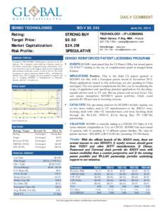 Equity Research  DAILY COMMENT SENSIO TECHNOLOGIES  SIO-V $0.245