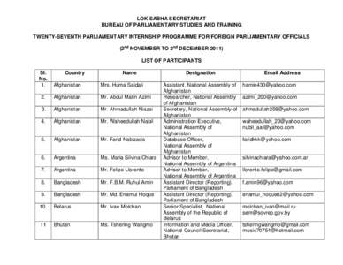 LOK SABHA SECRETARIAT BUREAU OF PARLIAMENTARY STUDIES AND TRAINING TWENTY-SEVENTH PARLIAMENTARY INTERNSHIP PROGRAMME FOR FOREIGN PARLIAMENTARY OFFICIALS (2nd NOVEMBER TO 2nd DECEMBERLIST OF PARTICIPANTS Sl.