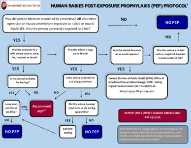 HUMAN RABIES POST-EXPOSURE PROPHYLAXIS (PEP) PROTOCOL1 Was the person bitten or scratched by a mammal? OR Was there open skin or mucous membrane exposure to saliva or neural fluids? OR Was the person potentially exposed 