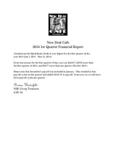 New Deal Cafe 2014 1st Quarter Financial Report Attached are the QuickBooks Profit & Loss Report for the first quarter of the yearJan 1, 2014 – Mar 31, Gross bar income for the first quarter of this year 