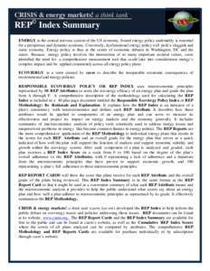 CRISIS & energy markets! a think tank  REP© Index Summary ENERGY is the central nervous system of the US economy. Sound energy policy undeniably is essential for a prosperous and dynamic economy. Conversely, dysfunction