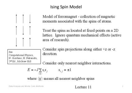 Ising Spin Model  Model of ferromagnet - collection of magnetic moments associated with the spins of atoms. Treat the spins as located at fixed points on a 2D lattice. Ignore quantum mechanical effects (active area