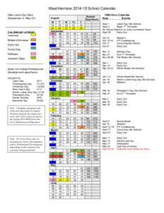 West Harrison[removed]School Calendar After Labor Day Start (September 2- May 22) CALENDAR LEGEND Inservice