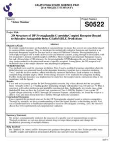 CALIFORNIA STATE SCIENCE FAIR 2014 PROJECT SUMMARY Name(s)  Vishnu Shankar