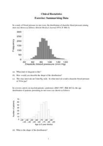 Clinical Biostatistics  Exercise: Summarising Data In a study of blood pressure in one town, the distribution of diastolic blood pressure among men was shown as follows (British Medical Journal·1974; 3: 600-3): 300